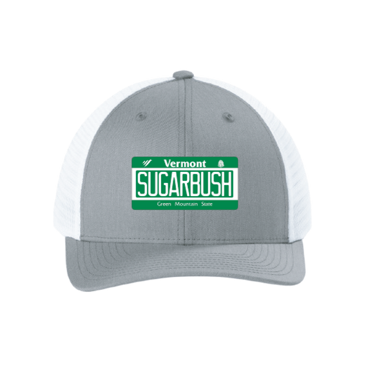 Sugarbush Vermont License Plate Trucker Hat in Heather Gray and White